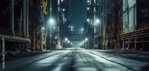 A deserted industrial road, with large, looming structures on either side, illuminated by stark, cold white lights 32k, full ultra hd, high resolution