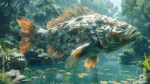 fishlike alien with advanced bioengineering on a water planet with floating kelp forests and massive sea creatures