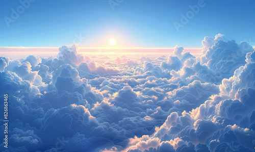 Create a tranquil scene captured from the side window of an airplane, where the horizon splits a clear sky and a soft bed of clouds, symbolizing the calmness and isolation of flight, Generate AI