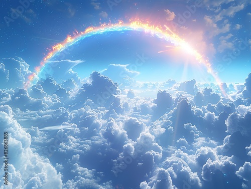 Ultra-high definition surreal CG rendering of layered blue cumulus clouds with long light refractions, seven blue curved rainbows, a circular rainbow halo, sparkling sunlight reflections, and a dreamy