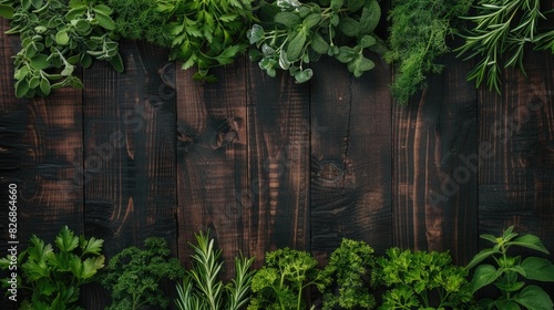 Top view of dark wooden background with a display of fresh herbs