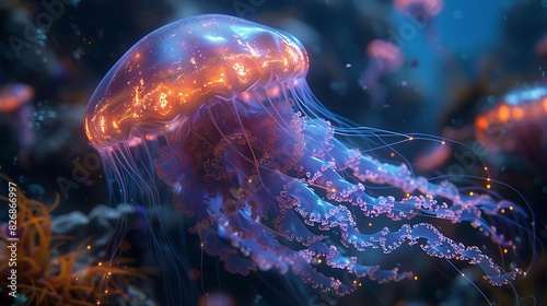 jellyfishlike alien with bioluminescent tendrils on a water planet with vast coral reefs and glowing sea creatures