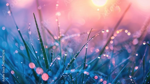 Dew-covered grass blades sparkling in the early morning light, creating a fresh and vibrant scene