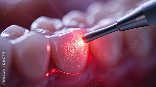 Close-up of dental laser treatment in progress. Laser applied to tooth for precision and effective treatment in dental care.