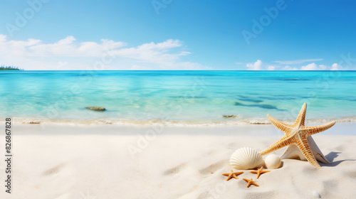 Starfish and seashells on a pristine white sandy beach with turquoise waters and a bright blue sky, capturing the essence of a tropical paradise