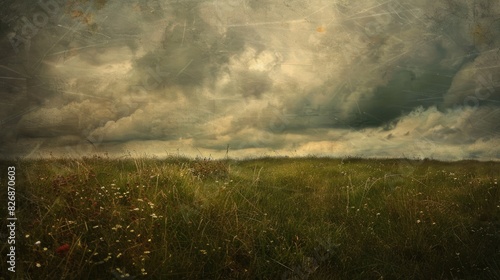A meadow under a billowy overcast sky
