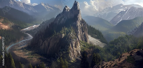A dramatic view of a jagged mountain peak with sheer cliffs, surrounded by dense pine forests and a winding river 32k, full ultra hd, high resolution