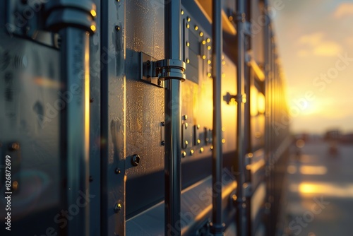 Close-up of secure locking mechanisms on cargo containers at sunset