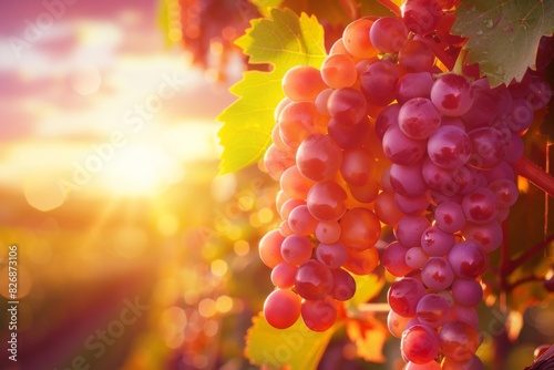 A bunch of ripe grapes hanging from a vine in the warm glow of sunset