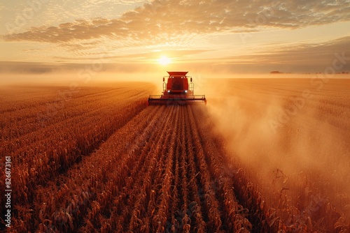 Watch the sunset while harvesting with a combine harvester in a golden wheat field