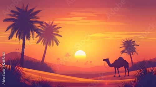 arabesque web horizontal banner, camel and palm tree silhouette, beautiful sunlight, sunset, sunrise, islamic background template illustration vector 