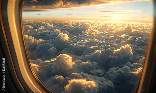 Sunlight illuminating cumulus clouds seen through an airplane window.
