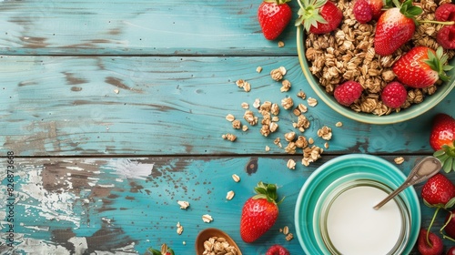Healthy breakfast setup with homemade granola milk and strawberries on a vibrant wooden table