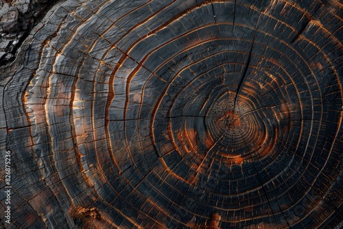 Old wooden oak tree cut surface. Detailed warm dark brown and orange tones of a felled tree trunk or stump. Rough organic texture of tree rings with close up of end grain - generative ai