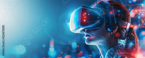 A modern poster featuring a woman engrossed in a virtual reality journey