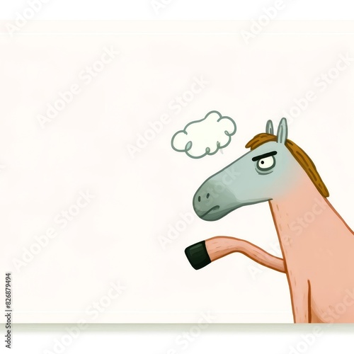 A cartoon horse with a grumpy expression and a thought bubble above its head.