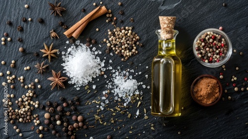 Arrangement of salt allspice peppercorns and olive oil in a bottle on a black table seen from above