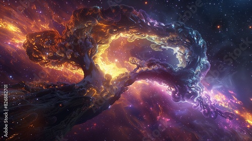 A majestic, glowing nebula forms a vibrant, three-dimensional sculpture, its tendrils reaching out like cosmic tentacles.