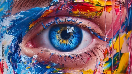Closeup of a striking blue eye in the center, surrounded by an explosion of vibrant colors, dripping paint, and bold brush strokes. The impasto technique enhances the texture, 
