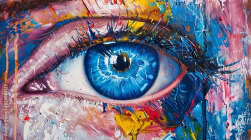 Closeup of a striking blue eye in the center, surrounded by an explosion of vibrant colors, dripping paint, and bold brush strokes. The impasto technique enhances the texture, 