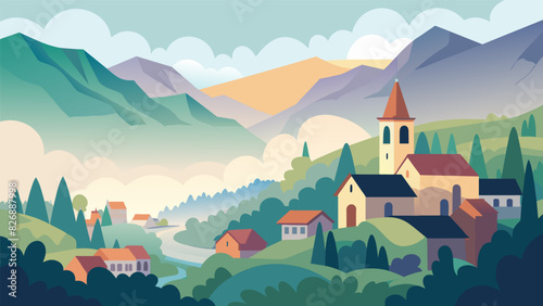 A small town nestled in the valley with the church steeple emerging from the morning mist.. Vector illustration
