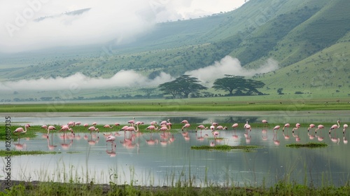 A flock of pink flamingos are standing in a lake surrounded by trees