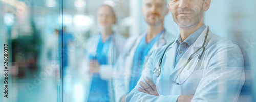 A confident male doctor stands at the forefront, with his arms crossed, projecting authority and expertise. In the background, a team of medical professionals is visible, blurred slightly to emphasize
