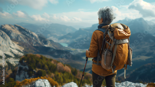 an elderly woman with short gray hair hiking on a scenic mountain trail. She wears outdoor gear and carries a backpack against a breathtaking landscape backdrop