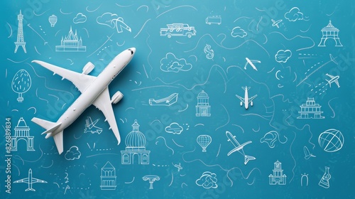 White toy airplane flying over a blue background with doodles of famous landmarks, creative transportation-themed art