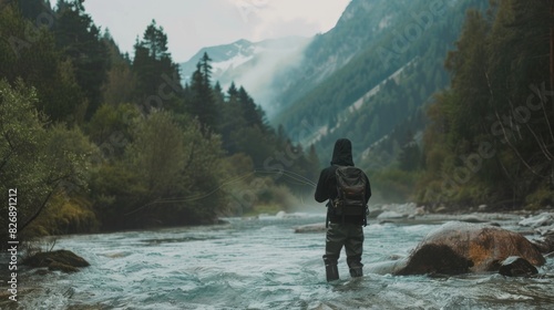 A man is fishing in a river with a backpack on