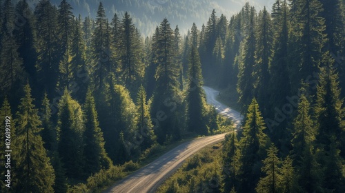 A mountain road winding through dense pine forests, with patches of sunlight filtering through the trees and casting shadows on the path 32k, full ultra hd, high resolution