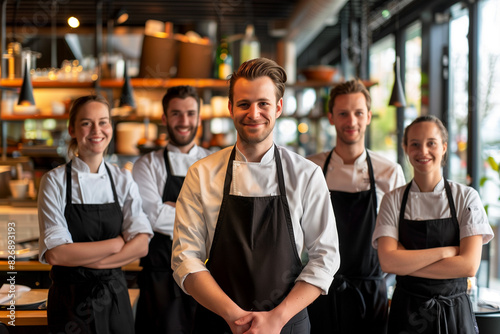 Belgium professional service staff, salesperson and cook in modern restaurant. 