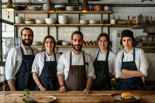 Israel professional service staff, salesperson and cook in modern restaurant. 