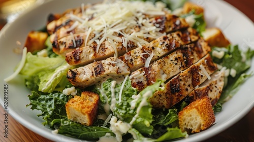 Grilled chicken Caesar salad with crispy lettuce grated parmesan and golden croutons