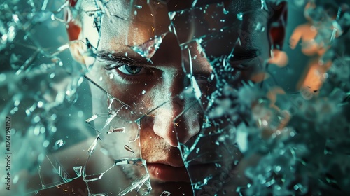 Close-up of an actor emoting a powerful scene, double exposure with shattered glass effect symbolizing inner turmoil