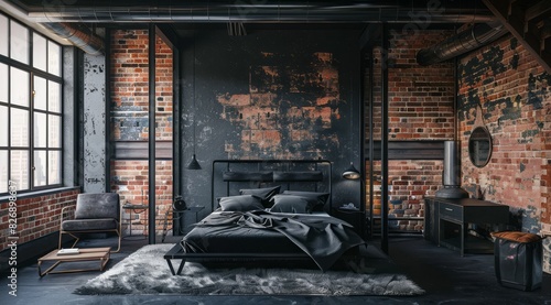 An industrial-inspired black bedroom interior with exposed brick walls, black metal bed frame, and minimalistic furnishings