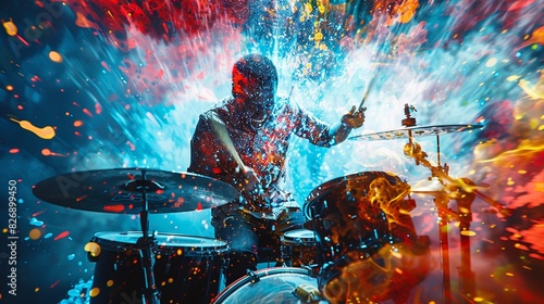 Double exposure of a drummer in action, overlaying dynamic splashes of color and rhythmic patterns