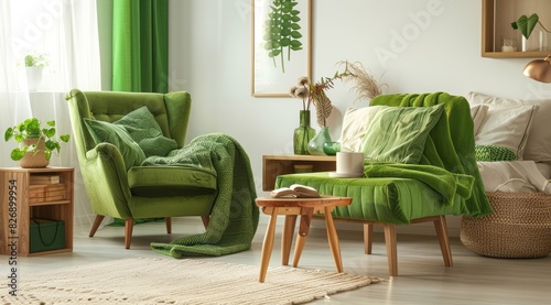An inviting green-themed bedroom featuring bright green accent furniture, natural wooden tables, and a cozy reading nook with a green armchair