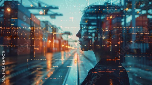 Double exposure of a supply chain manager analyzing logistics data, overlaid with images of shipping containers and cargo trucks