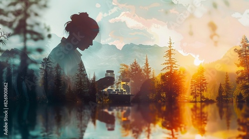 Double exposure of a pharmacist preparing medication, combined with a serene landscape, representing the tranquility of healing