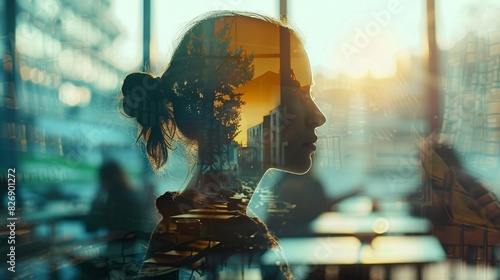 Double exposure of a researcher in a lab coat, studying data on a holographic display, interspersed with mathematical equations