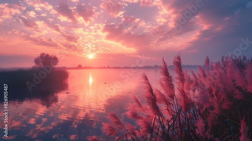 calm evening bylake, with the sky and water in soft fluffy hues of peach and lavender