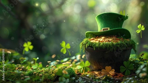 Pot of Gold with Shamrock Hat and Clovers in a Forest