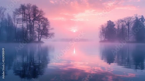 calm lakeside scene at dawn, where the water reflects soft fluffy hues of peach and lavender