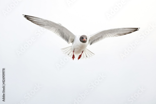 A black-headed gull with its wings spread wide flies against a white background. The bird's black head and red legs are clearly visible. 