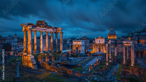 As evening falls, the blue light of dusk envelops the Imperial Forum in Rome, highlighting its ancient structures. This UNESCO World Heritage Site in Lazio, Italy,