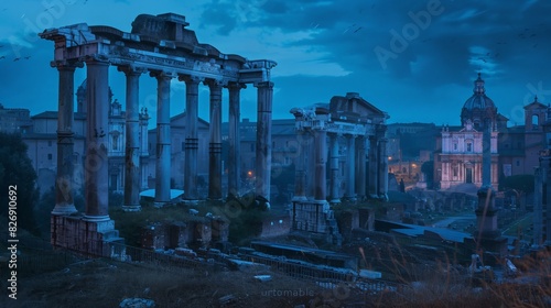 As evening falls, the blue light of dusk envelops the Imperial Forum in Rome, highlighting its ancient structures. This UNESCO World Heritage Site in Lazio, Italy,