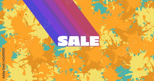 Image of sale text with blue and purple trails over green, orange and yellow paint splashes