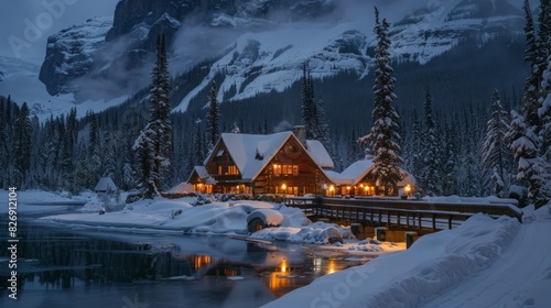 Emerald Lake in Yoho National Park, British Columbia, offers a picturesque winter landscape. The snow-covered pine forests