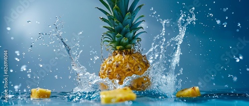 Pineapple and water splash. captured with highspeed photography as they break through the waters surface.